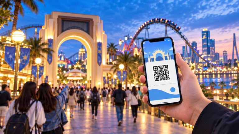 오사카 테마파크 입장용 QR 티켓을 휴대전화에 띄운 여행자